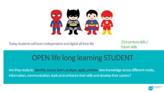 Todaystudentswilllearnindependentanddigitalalltheirlife
OPEN life long learning STUDENT
21stcenturyskills/
futureskills
Aretheyreadyto identify,access,learn,analyse,apply,practicenewknowledgeacrossdifferentmedia,
information,communication,toolsastoenhancetheirskillsanddeveloptheircareers?
 