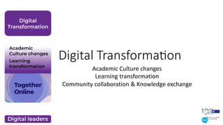 Digital Transforma/on
Academic Culture changes
Learning transformation
Community collaboration & Knowledge exchange
 
