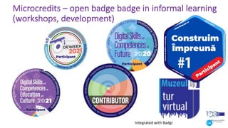 Microcredits – open badge badge in informal learning
(workshops, development)
Integrated with Badgr
 