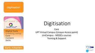 Digitisation
Core
UPT Virtual Campus (Unique Access point)
UniCampus - MOOCs courses
Training & Support
 