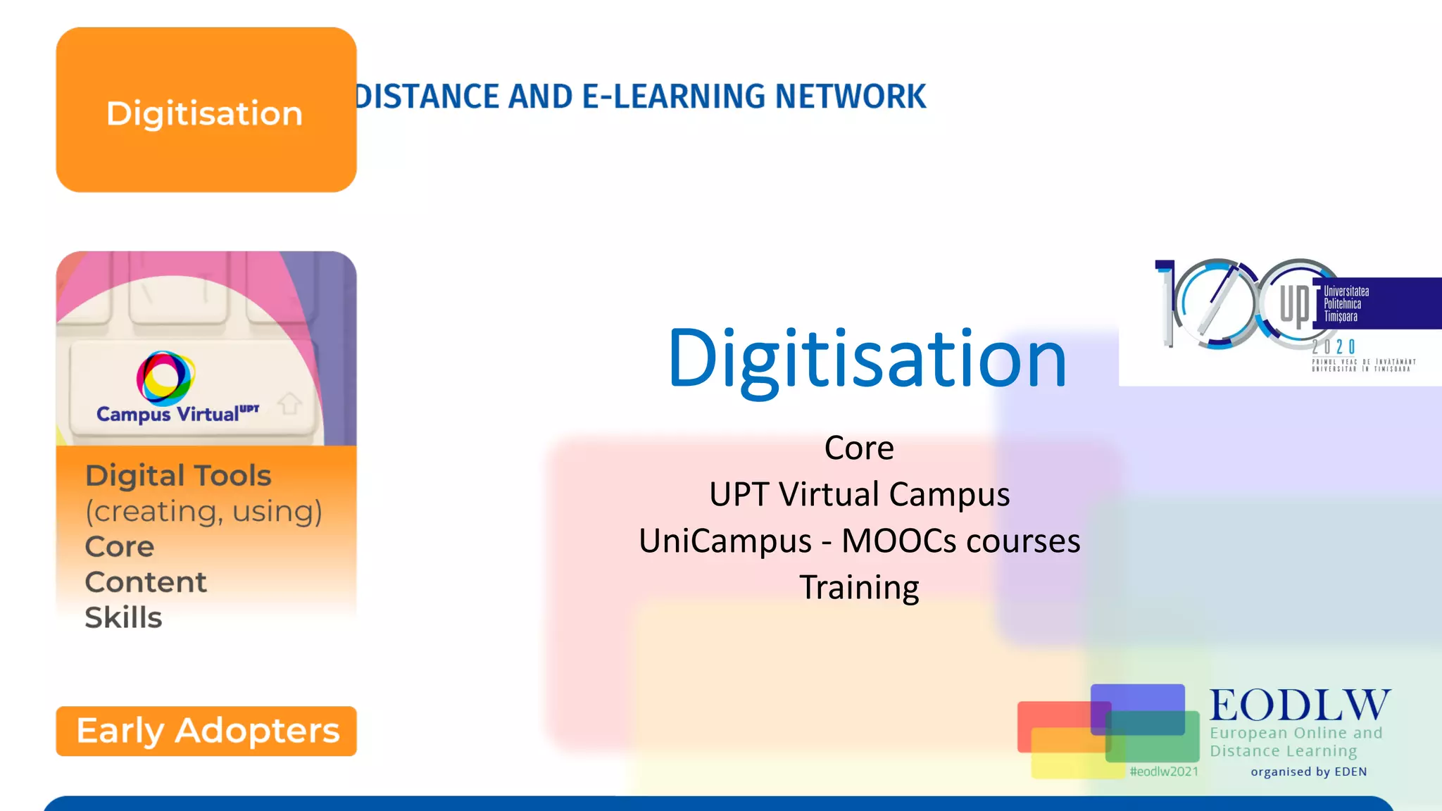 Digitisation
Core
UPT Virtual Campus
UniCampus - MOOCs courses
Training
 