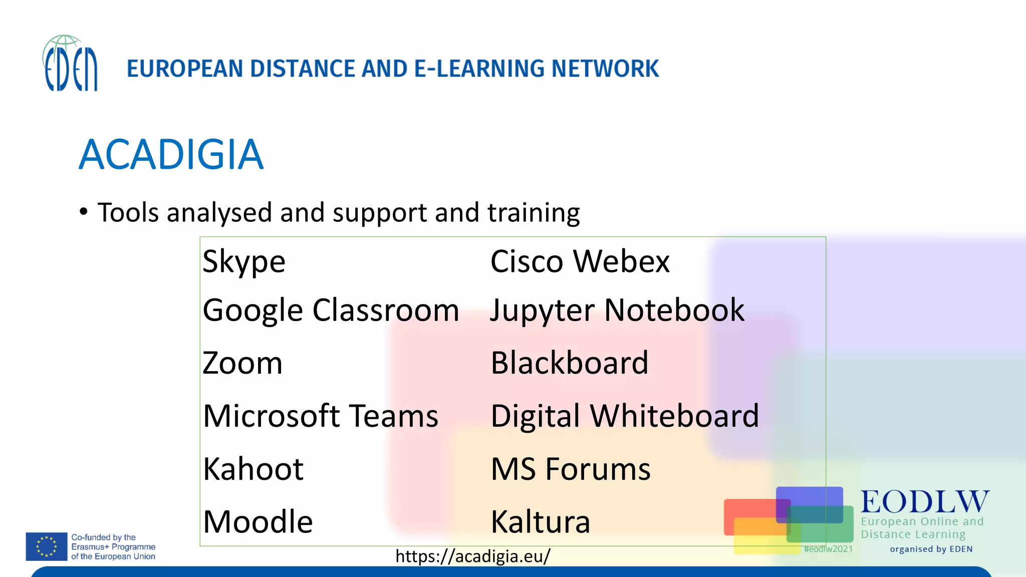 ACADIGIA
Skype Cisco Webex
Google Classroom Jupyter Notebook
Zoom Blackboard
Microsoft Teams Digital Whiteboard
Kahoot MS Forums
Moodle Kaltura
• Tools analysed and support and training
https://acadigia.eu/
 