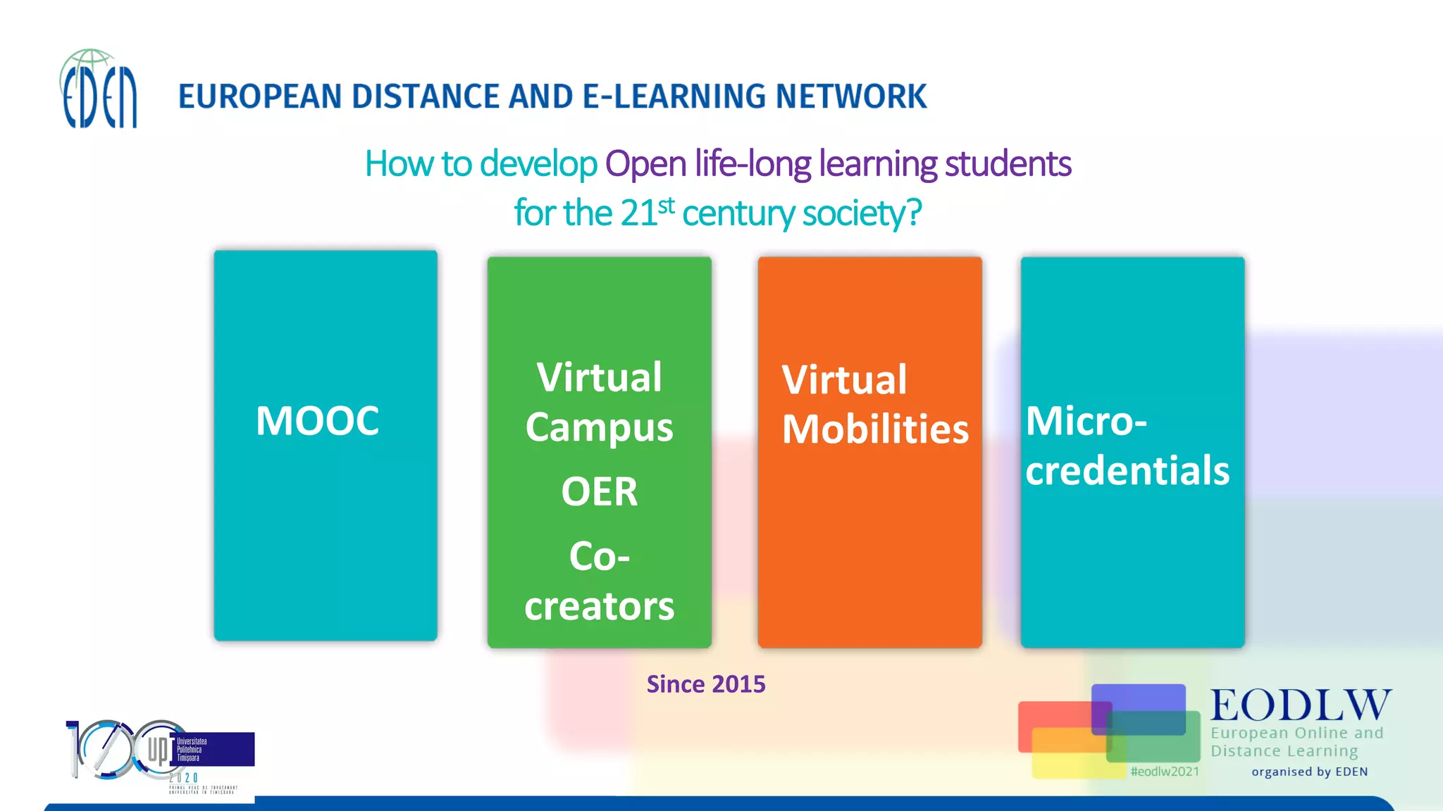 Virtual
Mobilities
HowtodevelopOpenlife-longlearningstudents
forthe21st centurysociety?
MOOC
Virtual
Campus
OER
Co-
creators
Micro-
credentials
Since 2015
 