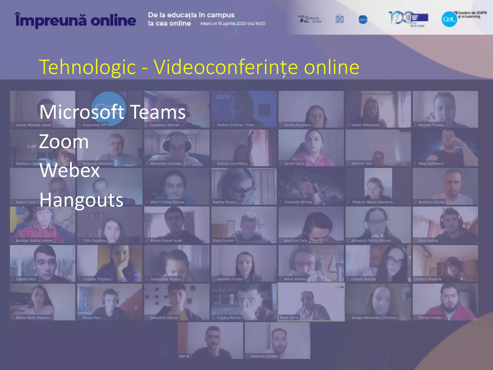 Tehnologic - Videoconferințe online
Microsoft Teams
Zoom
Webex
Hangouts
 