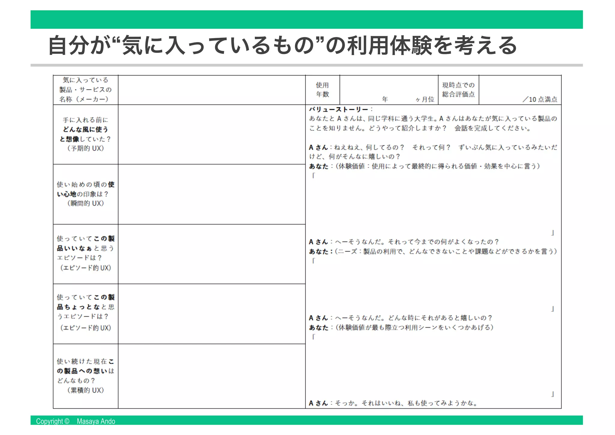 Copyright © Masaya Ando
自分が“気に入っているもの”の利用体験を考える
 