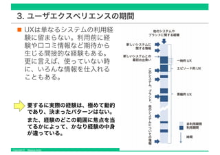 Copyright © Masaya Ando
3. ユーザエクスペリエンスの期間
UXは単なるシステムの利用経
験に留まらない。利用前に経
験や口コミ情報など期待から
生じる間接的な経験もある。
更に言えば、使っていない時
に、いろんな情報を仕入れる
こともある。
要するに実際の経験は、極めて動的
であり、決まったパターンはない。
また、経験のどこの範囲に焦点を当
てるかによって、かなり経験の中身
が違っている。
 
