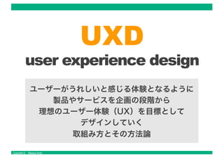 Copyright © Masaya Ando
ユーザーがうれしいと感じる体験となるように
製品やサービスを企画の段階から
理想のユーザー体験（UX）を目標として
デザインしていく
取組み方とその方法論
 