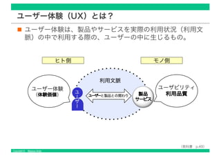 Copyright © Masaya Ando
ユーザー体験（UX）とは？
ユーザー体験は、製品やサービスを実際の利用状況（利用文
脈）の中で利用する際の、ユーザーの中に生じるもの。
利用文脈
ユーザー体験
（体験価価値値） ユーザーと製品との関わり
ユ
ー
ザ
ー
ユーザビリティ
利用品品質質製品
サーービビス
（教科書 p.49）
モノ側ヒト側
 