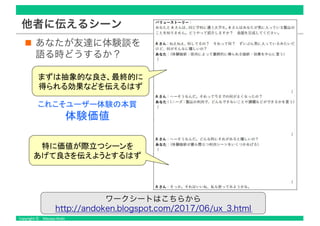 他者に伝えるシーン
あなたが友達に体験談を
語る時どうするか？
ワークシートはこちらから
http://andoken.blogspot.com/2017/06/ux_3.html
 