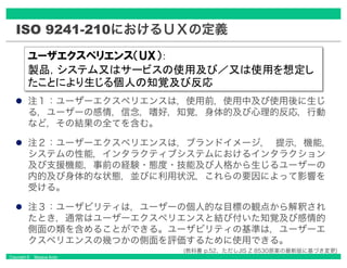 Copyright © Masaya Ando
におけるＵＸの定義
注１：ユーザーエクスペリエンスは，使用前，使用中及び使用後に生じ
る，ユーザーの感情，信念，嗜好，知覚，身体的及び心理的反応，行動
など，その結果の全てを含む。
注２：ユーザーエクスペリエンスは，ブランドイメージ， 提示，機能，
システムの性能，インタラクティブシステムにおけるインタラクション
及び支援機能，事前の経験・態度・技能及び人格から生じるユーザーの
内的及び身体的な状態，並びに利用状況，これらの要因によって影響を
受ける。
注３：ユーザビリティは，ユーザーの個人的な目標の観点から解釈され
たとき，通常はユーザーエクスペリエンスと結び付いた知覚及び感情的
側面の類を含めることができる。ユーザビリティの基準は，ユーザーエ
クスペリエンスの幾つかの側面を評価するために使用できる。
(教科書 p.52、ただしJIS Z 8530原案の最新版に基づき変更)
 
