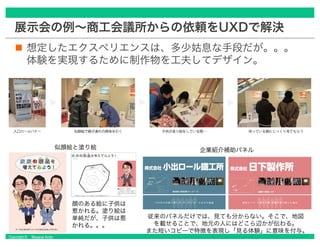 Copyright © Masaya Ando
展示会の例～商工会議所からの依頼をUXDで解決
想定したエクスペリエンスは、多少姑息な手段だが。。。
体験を実現するために制作物を工夫してデザイン。
企業紹介補助パネル
従来のパネルだけでは、見ても分からない。そこで、地図
を載せることで、地元の人にはどこら辺かが伝わる。
また短いコピーで特徴を表現し「見る体験」に意味を付与。
似顔絵と塗り絵
顔のある絵に子供は
惹かれる。塗り絵は
単純だが、子供は惹
かれる。。。
 