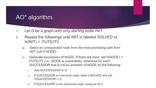 AO* algorithm
1. Let G be a graph with only starting node INIT.
2. Repeat the followings until INIT is labeled SOLVED or
h(INIT) > FUTILITY
a) Select an unexpanded node from the most promising path from
INIT (call it NODE)
b) Generate successors of NODE. If there are none, set h(NODE) =
FUTILITY (i.e., NODE is unsolvable); otherwise for each
SUCCESSOR that is not an ancestor of NODE do the following:
i. Add SUCCESSSOR to G.
ii. If SUCCESSOR is a terminal node, label it SOLVED and set
h(SUCCESSOR) = 0.
iii. If SUCCESSPR is not a terminal node, compute its h
 