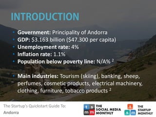 The Startup‘s Quickstart Guide To:
Andorra
• Government: Principality of Andorra
• GDP: $3.163 billion ($47.300 per capita)
• Unemployment rate: 4%
• Inflation rate: 1.1%
• Population below poverty line: N/A% 2
• Main industries: Tourism (skiing), banking, sheep,
perfumes, cosmetic products, electrical machinery,
clothing, furniture, tobacco products 2
 