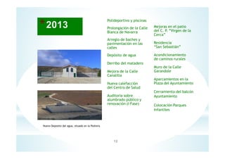 Polideportivo y piscinas
Prolongación de la Calle
Blanca de Navarra
Arreglo de baches y
pavimentación en las
calles
Depósito de agua
Derribo del matadero
Mejora de la Calle
Canalilla
Nueva calefacción
del Centro de Salud
Auditoria sobre
alumbrado público y
renovación (I Fase)
Mejoras en el patio
del C. P. “Virgen de la
Cerca”
Residencia
“San Sebastián”
Acondicionamiento
de caminos rurales
Muro de la Calle
Garandole
Aparcamientos en la
Plaza del Ayuntamiento
Cerramiento del balcón
Ayuntamiento
Colocación Parques
Infantiles
12
Nuevo Deposito del agua, situado en la Pedrera
 