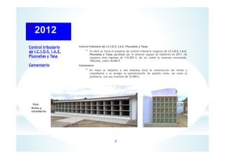 Control tributario
de I.C.I.O.S, I.A.E,
Plusvalías y Tasa
Cementerio
Control tributario de I.C.I.O.S, I.A.E, Plusvalías y Tasas.
* En Abril se inicia el proyecto de control tributario respecto de I.C.I.O.S, I.A.E,
Plusvalías y Tasas aprobado por el anterior equipo de Gobierno en 2011. Ha
supuesto unos ingresos de 110.000 €, de los cuales la empresa contratada,
TRACASA, cobró 18.000 €.
Cementerio
* En mayo se adjudica a una empresa local la construcción de nichos y
columbarios y se arregla la pavimentación de pasillos rotos, así como la
jardinería, con una inversión de 30.000 €.
8
Foto:
Nichos y
columbarios
 