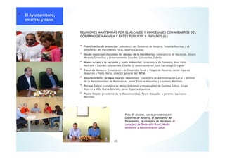 * El Ayuntamiento,
en cifras y datos
REUNIONES MANTENIDAS POR EL ALCALDE Y CONCEJALES CON MIEMBROS DEL
GOBIERNO DE NAVARRA Y ENTES PÚBLICOS Y PRIVADOS (I) :
* Planificación de proyectos: presidenta del Gobierno de Navarra, Yolanda Barcina, y el
presidente del Parlamento Foral, Alberto Catalán.
* Deuda municipal (incluidas las deudas de la Residencia): consejero/a de Hacienda, Álvaro
Miranda Simavillas y posteriormente Lourdes Goicoechea Zubelzu
* Nuevo acceso a la variante y suelo industrial: consejero/a de Fomento, Anai Astiz
Medrano / Lourdes Goicoechea Zubelzu y, posteriormente, Luis Zarraluqui Ortigosa
* Canal de Navarra: Consejero/a de Desarrollo Rural y Riegos de Navarra, Javier Esparza
Abaurrea y Pablo Horta, director general del INTIA
* Abastecimiento de Agua (nuevos depósitos): consejero de Administración Local y gerente
de la Mancomunidad de Montejurra, Javier Esparza Abaurrea y Laureano Martínez.
* Parque Eólico: consejero de Medio Ambiente y responsables de Gamesa Eólica, Grupo
Mtorres y N.G. Nueva Gestión, Javier Esparza Abaurrea.
* Punto limpio: presidente de la Mancomunidad, Pedro Mangado, y gerente, Laureano
Martínez.
* El Ayuntamiento,
en cifras y datos
Foto: El alcalde, con la presidenta del
Gobierno de Navarra, el presidente del
Parlamento, la consejera de Hacienda, el
consejero de Desarrollo Rural, Medio
Ambiente y Administración Local
40
 
