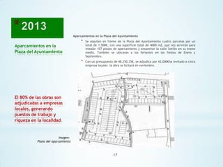 Aparcamientos en la Plaza del Ayuntamiento
Se alquilan en frente de la Plaza del Ayuntamiento cuatro parcelas por un
total de 1.500€, con una superficie total de 4000 m2, que nos servirán para
instalar 107 plazas de aparcamiento y ensanchar la calle Sotillo en su tramo
medio. También se ubicaran a los feriantes en las fiestas de Enero y
Septiembre.

*

Aparcamientos en la
Plaza del Ayuntamiento

*

Con un presupuesto de 48,250,35€, se adjudica por 43,000€ha invitado a cinco
empresa locales la obra se licitará en noviembre.

El 80% de las obras son
adjudicadas a empresas
locales, generando
puestos de trabajo y
riqueza en la localidad.

Imagen:
Plano del aparcamiento

17

 