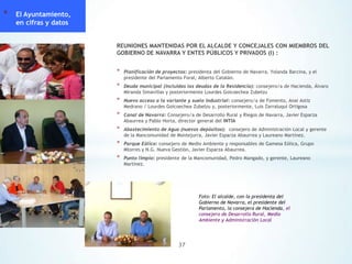 *

El Ayuntamiento,
en cifras y datos
REUNIONES MANTENIDAS POR EL ALCALDE Y CONCEJALES CON MIEMBROS DEL
GOBIERNO DE NAVARRA Y ENTES PÚBLICOS Y PRIVADOS (I) :

*

Planificación de proyectos: presidenta del Gobierno de Navarra, Yolanda Barcina, y el
presidente del Parlamento Foral, Alberto Catalán.

*

Deuda municipal (incluidas las deudas de la Residencia): consejero/a de Hacienda, Álvaro
Miranda Simavillas y posteriormente Lourdes Goicoechea Zubelzu

*

Nuevo acceso a la variante y suelo industrial: consejero/a de Fomento, Anai Astiz
Medrano / Lourdes Goicoechea Zubelzu y, posteriormente, Luis Zarraluqui Ortigosa

*

Canal de Navarra: Consejero/a de Desarrollo Rural y Riegos de Navarra, Javier Esparza
Abaurrea y Pablo Horta, director general del INTIA

*

Abastecimiento de Agua (nuevos depósitos): consejero de Administración Local y gerente
de la Mancomunidad de Montejurra, Javier Esparza Abaurrea y Laureano Martínez.

*

Parque Eólico: consejero de Medio Ambiente y responsables de Gamesa Eólica, Grupo
Mtorres y N.G. Nueva Gestión, Javier Esparza Abaurrea.

*

Punto limpio: presidente de la Mancomunidad, Pedro Mangado, y gerente, Laureano
Martínez.

Foto: El alcalde, con la presidenta del
Gobierno de Navarra, el presidente del
Parlamento, la consejera de Hacienda, el
consejero de Desarrollo Rural, Medio
Ambiente y Administración Local

37

 