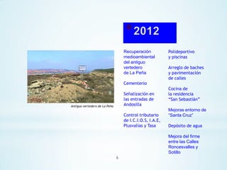 Recuperación
medioambiental
del antiguo
vertedero
de La Peña

Polideportivo
y piscinas
Arreglo de baches
y pavimentación
de calles

Cementerio

Señalización en
las entradas de
Andosilla

Antiguo vertedero de La Peña

Control tributario
de I.C.I.O.S, I.A.E,
Plusvalías y Tasa

Cocina de
la residencia
“San Sebastián”
Mejoras entorno de
“Santa Cruz”
Depósito de agua
Mejora del firme
entre las Calles
Roncesvalles y
Sotillo

6

 