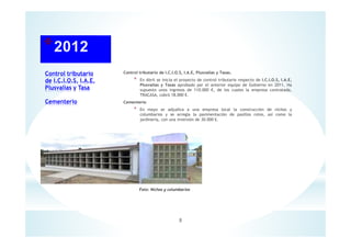 Control tributario
de I.C.I.O.S, I.A.E,
Plusvalías y Tasa
Cementerio
Control tributario de I.C.I.O.S, I.A.E, Plusvalías y Tasas.
* En Abril se inicia el proyecto de control tributario respecto de I.C.I.O.S, I.A.E,
Plusvalías y Tasas aprobado por el anterior equipo de Gobierno en 2011. Ha
supuesto unos ingresos de 110.000 €, de los cuales la empresa contratada,
TRACASA, cobró 18.000 €.
Cementerio
* En mayo se adjudica a una empresa local la construcción de nichos y
columbarios y se arregla la pavimentación de pasillos rotos, así como la
jardinería, con una inversión de 30.000 €.
8
Foto: Nichos y columbarios
 