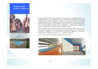 * Andosilla dispone de un gran movimiento social, asentado fundamentalmente en el
esfuerzo personal de los componentes de las diferentes asociaciones socio-culturales
y deportivas. El respaldo económico y logístico a los diferentes grupos lo sustentamos
fundamentalmente en el modelo, basado en la convocatoria y la firma de convenios,
reforzando dicho modelo con una Ordenanza Municipal que aprobaremos proximamente.
Pese a las dificultades económicas que atravesamos, el Ayuntamiento apuesta por
mantener dicho tejido en algunos campos y reforzar en otros.
* Mas de 500.000 € anuales destina el Ayuntamiento a potenciar el tejido social, cultural y
deportivo del pueblo, entre subvenciones y la firma de convenios, a las asociaciones,
actividades preparadas por el Ayuntamiento (Culturales, deportivas y festejos) y
mantenimiento, suministros, seguros, etc.… de edificios públicos.
* Una cifra que se acerca al 25% del presupuesto municipal anual
22
* El tejido social,
cultural y deportivo
 