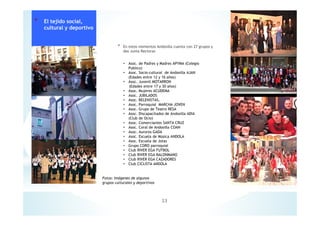 * En estos momentos Andosilla cuenta con 27 grupos y
dos Junta Rectoras
23
• Asoc. de Padres y Madres APYMA (Colegio
Publico)
• Asoc. Socio-cultural de Andosilla AJAN
(Edades entre 12 y 16 años)
• Asoc. Juvenil MOTARRON
(Edades entre 17 y 30 años)
• Asoc. Mujeres ACUDEMA
• Asoc. JUBILADOS
• Asoc. BELENISTAS,
• Asoc. Parroquial MARCHA JOVEN
• Asoc. Grupo de Teatro RESA
• Asoc. Discapacitados de Andosilla ADIA
(Club de Ocio)
• Asoc. Comerciantes SANTA CRUZ
• Asoc. Coral de Andosilla COAN
• Asoc. Auroros GADA
• Asoc. Escuela de Música ANDOLA
• Asoc. Escuela de Jotas
• Grupo CORO parroquial
• Club RIVER EGA FUTBOL
• Club RIVER EGA BALONMANO
• Club RIVER EGA CAZADORES
• Club CICLISTA ANDOLA
Fotos: Imágenes de algunos
grupos culturales y deportivos
* El tejido social,
cultural y deportivo
 