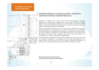 * CONSTRUCCIÓN DE LA CASA DE CULTURA, JUVENTUD Y
SALÓN DE ACTOS DEL COLEGIO PÚBLICO (I)
* Andosilla no dispone de un salón de actos para representaciones teatrales,
proyecciones y celebraciones multitudinarias, tanto las que requieren un espacio
diáfano como las que precisan asientos para los espectadores. El salón del Colegio
Público no reúne las condiciones adecuadas para ese uso y la juventud no tiene unos
espacios amplios donde realizar sus actividades.
* Desde el Ayuntamiento planteamos que un mismo edificio alberge tres funciones y
hacerlo más práctico. En la primera fase se construiría el salón de actos con capacidad
para 300 personas, de uso polivalente; las butacas y el escenario se podrían quitar y
almacenar fácilmente, quedando un espacio diáfano de 400 m2. En esta primera fase
se incluirían los baños y una recepción única para la Casa de Cultura y el
Polideportivo, así como un acceso para el colegio publico.
* En la segunda fase se abordaría la construcción en planta baja de dos salas, una de 140
m2. destinada a biblioteca, y una segunda de 70 m2. para uso polivalente. En la
primera planta, habría dos salas más de las mismas dimensiones dedicadas a la
juventud. La tercera fase plantea ocho salas polivalentes de entre 20 y 60 m2.
32
* Principales proyectos
del Ayuntamiento
Planos del proyecto de Casa de Cultura,
Juventud y salón de actos del colegio público
 