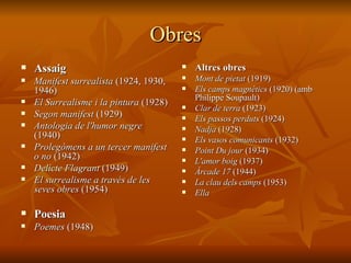 Obres Assaig Manifest surrealista  (1924, 1930, 1946)  El Surrealisme i la pintura  (1928)  Segon manifest  (1929)  Antologia de l'humor negre  (1940)  Prolegòmens a un tercer manifest o no  (1942)  Delicte Flagrant  (1949)  El surrealisme a través de les seves obres  (1954)  Poesia Poemes  (1948)  Altres obres Mont de pietat  (1919)  Els camps magnètics  (1920) (amb Philippe Soupault)  Clar de terra  (1923)  Els passos perduts  (1924)  Nadja  (1928)  Els vasos comunicants  (1932)  Point Du jour  (1934)  L'amor boig  (1937)  Àrcade 17  (1944)  La clau dels camps  (1953)  Ella 