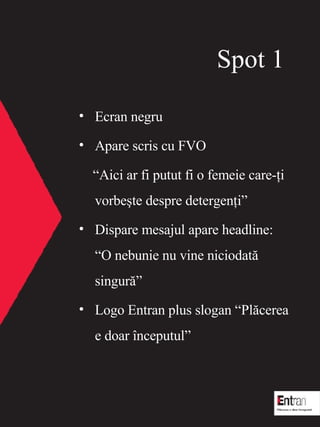 Spot  1 Ecran negru Apare scris cu FVO   Aici ar fi putut fi o femeie care-?i vorbe?te despre detergen?i Dispare mesajul apare headline:  O nebunie nu vine niciodat? singur? Logo Entran plus slogan Pl?cerea e doar ?nceputul 