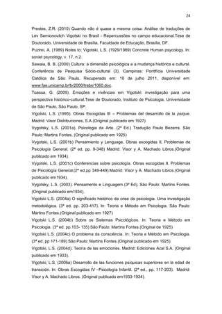 24
Prestes, Z.R. (2010) Quando não é quase a mesma coisa: Análise de traduções de
Lev Semionovitch Vigotski no Brasil - Repercussões no campo educacional.Tese de
Doutorado. Universidade de Brasília, Faculdade de Educação, Brasília, DF.
Puzirei, A. (1989) Notes to: Vigotski, L.S. (1929/1989) Concrete Human psycology. In:
soviet psycology, v. 17, n.2.
Sawaia, B. B. (2000) Cultura: a dimensão psicológica e a mudança histórica e cultural.
Conferência de Pesquisa Sócio-cultural (3). Campinas: Pontifícia Universidade
Católica de São Paulo. Recuperado em: 10 de julho 2011, disponível em:
www.fae.unicamp.br/br2000/trabs/1060.doc.
Toassa, G. (2009). Emoções e vivências em Vigotski: investigação para uma
perspectiva histórico-cultural.Tese de Doutorado, Instituto de Psicologia, Universidade
de São Paulo, São Paulo, SP.
Vigotski, L.S. (1995). Obras Escogidas III – Problemas del desarrollo de la psique.
Madrid: Visor Distribuciones, S.A.(Original publicado em 1927)
Vygotsky, L.S. (2001a). Psicologia da Arte. (2ª Ed.) Tradução Paulo Bezerra. São
Paulo: Martins Fontes. (Original publicado em 1925)
Vygotski, L.S. (2001b) Pensamiento y Lenguage. Obras escogidas II. Problemas de
Psicología General. (2ª ed. pp. 9-348) Madrid: Visor y A. Machado Libros.(Original
publicado em 1934).
Vygotski, L.S. (2001c) Conferencias sobre psicología. Obras escogidas II. Problemas
de Psicología General.(2ª ed.pp 349-449).Madrid: Visor y A. Machado Libros.(Original
publicado em1934).
Vygotsky, L.S. (2003). Pensamento e Linguagem.(3ª Ed), São Paulo: Martins Fontes.
(Original publicado em1934).
Vigotski L.S. (2004a) O significado histórico da crise da psicologia. Uma investigação
metodológica. (3ª ed. pp. 203-417). In: Teoria e Método em Psicologia. São Paulo:
Martins Fontes.(Original publicado em 1927)
Vigotski L.S. (2004b) Sobre os Sistemas Psicológicos. In: Teoria e Método em
Psicologia. (3ª ed. pp.103- 135) São Paulo: Martins Fontes.(Original de 1925)
Vigotski L.S. (2004c) O problema da consciência. In: Teoria e Método em Psicologia.
(3ª ed. pp 171-189) São Paulo: Martins Fontes.(Original publicado em 1925)
Vigotski, L.S. (2004d). Teoría de las emociones. Madrid: Ediciones Acal S.A. (Original
publicado em 1933).
Vigotski, L.S. (2006a) Desarrollo de las funciones psíquicas superiores en la edad de
transición. In: Obras Escogidas IV –Psicología Infantil. (2ª ed., pp. 117-203). Madrid:
Visor y A. Machado Libros. (Original publicado em1933-1934).
 