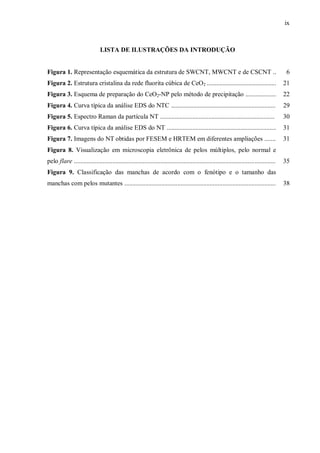 ix
LISTA DE ILUSTRAÇÕES DA INTRODUÇÃO
Figura 1. Representação esquemática da estrutura de SWCNT, MWCNT e de CSCNT .. 6
Figura 2. Estrutura cristalina da rede fluorita cúbica de CeO2 ........................................... 21
Figura 3. Esquema de preparação do CeO2-NP pelo método de precipitação ................... 22
Figura 4. Curva típica da análise EDS do NTC ................................................................. 29
Figura 5. Espectro Raman da partícula NT ....................................................................... 30
Figura 6. Curva típica da análise EDS do NT .................................................................... 31
Figura 7. Imagens do NT obtidas por FESEM e HRTEM em diferentes ampliações ....... 31
Figura 8. Visualização em microscopia eletrônica de pelos múltiplos, pelo normal e
pelo flare ............................................................................................................................. 35
Figura 9. Classificação das manchas de acordo com o fenótipo e o tamanho das
manchas com pelos mutantes .............................................................................................. 38
 