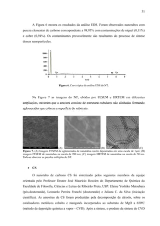 31
A Figura 6 mostra os resultados da análise EDS. Foram observados nanotubos com
pureza elementar de carbono correspondente a 98,95% com contaminações de níquel (0,11%)
e cobre (0,94%). Os contaminantes provavelmente são resultantes do processo de síntese
dessas nanopartículas.
Figura 6. Curva típica da análise EDS do NT.
Na Figura 7 as imagens do NT, obtidas por FESEM e HRTEM em diferentes
ampliações, mostram que a amostra consiste de estruturas tubulares não alinhadas formando
aglomerados que cobrem a superfície do substrato.
(A) (B) (C)
Figura 7. (A) Imagem FESEM de aglomerados de nanotubos recém depositados em uma escala de 1µm; (B)
imagem FESEM de nanotubos na escala de 200 nm; (C) imagem HRTEM de nanotubos na escala de 50 nm.
Pode-se observar as paredes múltiplas do NT.
 CS
O nanotubo de carbono CS foi sintetizado pelos seguintes membros da equipe
orientada pelo Professor Doutor José Maurício Rosolen do Departamento de Química da
Faculdade de Filosofia, Ciências e Letras de Ribeirão Preto, USP: Elaine Yoshiko Matsubara
(pós-doutoranda), Leonardo Pereira Franchi (doutorando) e Juliana C. da Silva (iniciação
científica). As amostras de CS foram produzidas pela decomposição de alcoóis, sobre os
catalisadores metálicos cobalto e manganês incorporados ao substrato de MgO a 650ºC
(método de deposição química a vapor - CVD). Após a síntese, o produto da síntese de CVD
 