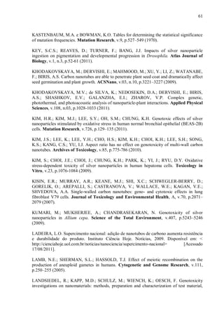 61
KASTENBAUM, M.A. e BOWMAN, K.O. Tables for determining the statistical significance
of mutation frequencies. Mutation Research, v.9, p.527–549 (1970).
KEY, S.C.S.; REAVES, D.; TURNER, F.; BANG, J.J. Impacts of silver nanoparticle
ingestion on pigmentation and developmental progression in Drosophila. Atlas Journal of
Biology, v.1, n.3, p.52-61 (2011).
KHODAKOVSKAYA, M.; DERVISHI, E.; MAHMOOD, M.; XU, Y.; LI, Z.; WATANABE,
F.; BIRIS, A.S. Carbon nanotubes are able to penetrate plant seed coat and dramatically affect
seed germination and plant growth. ACSNano, v.03, n.10, p.3221–3227 (2009).
KHODAKOVSKAYA, M.V.; de SILVA, K.; NEDOSEKIN, D.A.; DERVISHI, E.; BIRIS,
A.S.; SHASHKOV, E.V.; GALANZHA, E.I.; ZHAROV, V.P. Complex genetic,
photothermal, and photoacoustic analysis of nanoparticle-plant interactions. Applied Physical
Sciences, v.108, n.03, p.1028-1033 (2011).
KIM, H.R.; KIM, M.J.; LEE, S.Y.; OH, S.M.; CHUNG, K.H. Genotoxic effects of silver
nanoparticles stimulated by oxidative stress in human normal bronchial epithelial (BEAS-2B)
cells. Mutation Research, v.726, p.129–135 (2011).
KIM, J.S.; LEE, K.; LEE, Y.H.; CHO, H.S.; KIM, K.H.; CHOI, K.H.; LEE, S.H.; SONG,
K.S.; KANG, C.S.; YU, I.J. Aspect ratio has no effect on genotoxicity of multi-wall carbon
nanotubes. Archives of Toxicology, v.85, p.775-786 (2010).
KIM, S.; CHOI, J.E.; CHOI, J.; CHUNG, K.H.; PARK, K.; YI, J.; RYU, D.Y. Oxidative
stress-dependent toxicity of silver nanoparticles in human hepatoma cells. Toxicology in
Vitro, v.23, p.1076-1084 (2009).
KISIN, E.R.; MURRAY, A.R.; KEANE, M.J.; SHI, X.C.; SCHWEGLER-BERRY, D.;
GORELIK, O.; AREPALLI, S.; CASTRANOVA, V.; WALLACE, W.E.; KAGAN, V.E.;
SHVEDOVA, A.A. Single-walled carbon nanotubes: geno- and cytotoxic effects in lung
fibroblast V79 cells. Journal of Toxicology and Environmental Health, A, v.70, p.2071–
2079 (2007).
KUMARI, M.; MUKHERJEE, A.; CHANDRASEKARAN, N. Genotoxicity of silver
nanoparticles in Allium cepa. Science of the Total Environment, v.407, p.5243–5246
(2009).
LADEIRA, L.O. Supercimento nacional: adição de nanotubos de carbono aumenta resistência
e durabilidade do produto. Instituto Ciência Hoje. Notícias, 2009. Disponível em: <
http://cienciahoje.uol.com.br/noticias/nanociencia/supercimento-nacional> [Acessado
17/08/2011].
LAMB, N.E.; SHERMAN, S.L.; HASSOLD, T.J. Effect of meiotic recombination on the
production of aneuploid gametes in humans. Cytogenetic and Genome Research, v.111,
p.250–255 (2005).
LANDSIEDEL, R.; KAPP, M.D.; SCHULZ, M.; WIENCH, K.; OESCH, F. Genotoxicity
investigations on nanomaterials: methods, preparation and characterization of test material,
 