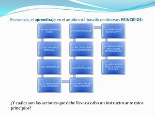 En esencia, el aprendizaje en el adulto está basado en diversos PRINCIPIOS:

                1.- SU NECESIDAD DE                        9.-APRENDIZAJE
                                      8.-DESAPRENDIZAJE
                        SABER:                             SIGNIFICATIVO




                                                          10.- ÉNFASIS EN EL
                 2.- SU CONCEPTO      7.- RECUPERACIÓN
                                                             MÉTODO DE
                     PERSONAL:        DE LA EXPERIENCIA
                                                           INVESTIGACIÓN.




                                                          11.- APLICACIÓN
                                           6.- SU
                3.- SU EXPERIENCIA:                       PRÁCTICA EN LA
                                      AUTORREGULACIÓN
                                                              VIDA REAL.




                4.- SU DISPOSICIÓN    5.- SU MOTIVACIÓN
                 PARA APRENDER:         PARA APRENDER




¿Y cuáles son las acciones que debe llevar a cabo un instructor ante estos
principios?
 