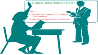 Gamaliel Uzías Medrano Mayén
Tarea:
1. Definición propia de lo que es educación para
jóvenes y adultos.
2. Principales características de un alumno adulto
 