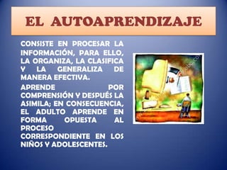 EL AUTOAPRENDIZAJE
CONSISTE EN PROCESAR LA
INFORMACIÓN, PARA ELLO,
LA ORGANIZA, LA CLASIFICA
Y LA GENERALIZA DE
MANERA EFECTIVA.
APRENDE
POR
COMPRENSIÓN Y DESPUÉS LA
ASIMILA; EN CONSECUENCIA,
EL ADULTO APRENDE EN
FORMA
OPUESTA
AL
PROCESO
CORRESPONDIENTE EN LOS
NIÑOS Y ADOLESCENTES.

 