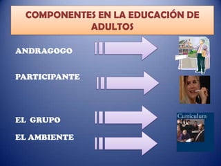 COMPONENTES EN LA EDUCACIÓN DE
ADULTOS
ANDRAGOGO
PARTICIPANTE

EL GRUPO
EL AMBIENTE

 