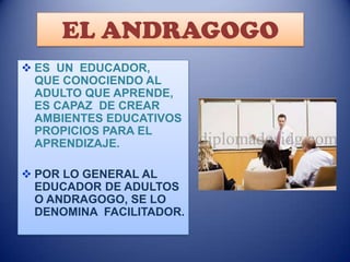 EL ANDRAGOGO
 ES UN EDUCADOR,
QUE CONOCIENDO AL
ADULTO QUE APRENDE,
ES CAPAZ DE CREAR
AMBIENTES EDUCATIVOS
PROPICIOS PARA EL
APRENDIZAJE.
 POR LO GENERAL AL
EDUCADOR DE ADULTOS
O ANDRAGOGO, SE LO
DENOMINA FACILITADOR.

 