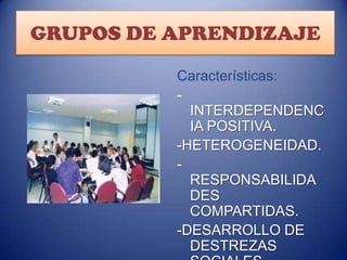 GRUPOS DE APRENDIZAJE
Características:
INTERDEPENDENC
IA POSITIVA.
-HETEROGENEIDAD.
RESPONSABILIDA
DES
COMPARTIDAS.
-DESARROLLO DE
DESTREZAS

 