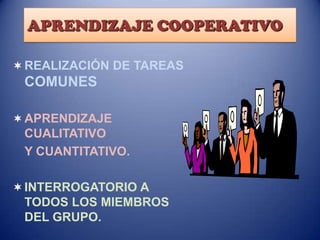 APRENDIZAJE COOPERATIVO
 REALIZACIÓN DE TAREAS

COMUNES
 APRENDIZAJE
CUALITATIVO

Y CUANTITATIVO.
 INTERROGATORIO A

TODOS LOS MIEMBROS
DEL GRUPO.

 