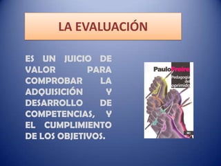 LA EVALUACIÓN
ES UN JUICIO DE
VALOR
PARA
COMPROBAR
LA
ADQUISICIÓN
Y
DESARROLLO
DE
COMPETENCIAS, Y
EL CUMPLIMIENTO
DE LOS OBJETIVOS.

 