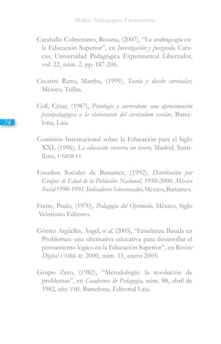Modelo Andragógico. Fundamentos
74
Caraballo Colmenares, Rosana, (2007), “La andragogía en
la Educación Superior”, en Investigación y postgrado, Cara-
cas, Universidad Pedagógica Experimental Libertador,
vol. 22, núm. 2. pp. 187-206.
Casarini Ratto, Martha, (1999), Teoría y diseño curricular,
México, Trillas.
Coll, César, (1987), Psicología y curriculum: una aproximación
psicopedagógica a la elaboración del curriculum escolar, Barce-
lona, Laia.
Comisión Internacional sobre la Educación para el Siglo
XXI, (1996), La educación encierra un tesoro, Madrid, Santi-
llana, UNESCO.
Estudios Sociales de Banamex, (1992), Distribución por
Grupos de Edad de la Población Nacional, 1950-2000. México
Social1990-1991.IndicadoresSeleccionados,México,Banamex.
Freire, Paulo, (1970), Pedagogía del Oprimido, México, Siglo
Veintiuno Editores.
Gómez Argüelles, Ángel, et al, (2003), “Enseñanza Basada en
Problemas: una alternativa educativa para desarrollar el
pensamiento lógico en la Educación Superior”, en Revista
Digital UMBRAL 2000, núm. 11, enero 2003.
Grupo Zero, (1982), “Metodología: la resolución de
problemas”, en Cuadernos de Pedagogía, núm. 88, abril de
1982, año VIII, Barcelona, Editorial Laia.
 