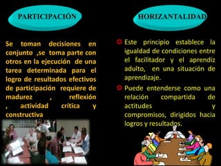 PARTICIPACIÓNHORIZANTALIDADEste principio establece la igualdad de condiciones entre el facilitador y el aprendiz  adulto,  en una situación de aprendizaje.