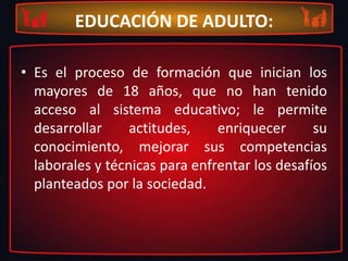 EL ADULTOESTIMOLOGICAMENTE: “Adulto” viene del verbo latino “Adolecere”, participio pasado “Adultum” = significa el que ha terminado de desarrollarse (individuo entre la adolescencia y la vejez). PSICOLOGICAMNTE: “Adulto” es madurez de la personalidad.JURIDICAMENTE: “Adulto” es arribo a su mayoría de 18 años.HISTORICAMENTE: “Adulto” es heredero de la infancia, salido de la adolescencia  y camino hacia la vejez.