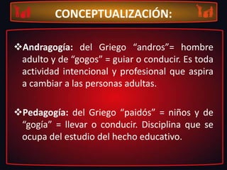 CONCEPTUALIZACIÓN:Andragogía: del Griego “andros”= hombre adulto y de “gogos” = guiar o conducir. Es toda actividad intencional y profesional que aspira a cambiar a las personas adultas.