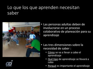 Lo que los que aprenden necesitan
saber
• Las personas adultas deben de
involucrarse en un proceso
colaborativo de planeación para su
aprendizaje
• Las tres dimensiones sobre la
necesidad de saber :
• Cómo se va a llevar a cabo el
aprendizaje
• Qué tipo de aprendizaje se llevará a
cabo
• Porqué es importante el aprendizaje
 