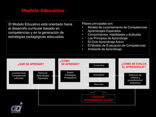 El Modelo Educativo está orientado hacia
el desarrollo curricular basado en
competencias y en la generación de
estrategias pedagógicas adecuadas
Modelo Educativo
Pilares principales son:
• Modelo de Levantamiento de Competencias
• Aprendizajes Esperados
• Conocimientos, Habilidades y Actitudes
• Los Principios de Aprendizaje
• El Ciclo Aprendizaje Activo
• El Modelo de Evaluación de Competencias
• Ambiente de Aprendizaje.
¿QUÉ SE APRENDE?
Levantamiento
Competencias
Laborales
Definición
Aprendizajes
Esperados
CICLO DE
APRENDIZAJE ACTIVO
¿CÓMO
SE APRENDE?
Diseño
Estrategias
Pedagógicas
Contenidos
Actividades
Recursos
¿CÓMO SE EVALÚA
EL APRENDIZAJE?
Definición de
criterios y
procedimientos
evaluativos
 