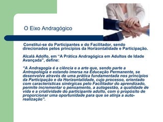 Constitui-se do Participantes e do Facilitador, sendo
direcionados pelos princípios da Horizontalidade e Participação.
Alcalá Adolfo, em “A Prática Andragógica em Adultos de Idade
Avançada”, define:
“A Andragogia é a ciência e a arte que, sendo parte a
Antropologia e estando imersa na Educação Permanente, se
desenvolve através de uma prática fundamentada nos princípios
da Participação e da Horizontalidade, cujo processo, orientado
com características sinérgicas pelo Facilitador do aprendizado,
permite incrementar o pensamento, a autogestão, a qualidade de
vida e a criatividade do participante adulto, com o propósito de
proporcionar uma oportunidade para que se atinja a auto-
realização”.
O Eixo Andragógico
 