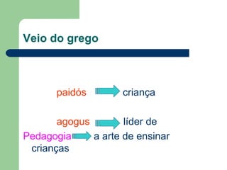 Veio do grego
paidós criança
agogus líder de
Pedagogia a arte de ensinar
crianças
 