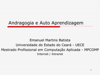 Andragogia e Auto Aprendizagem
Emanuel Martins Batista
Universidade do Estado do Ceará - UECE
Mestrado Profissional em Computação Aplicada - MPCOMP
Internet / Intranet
1
 